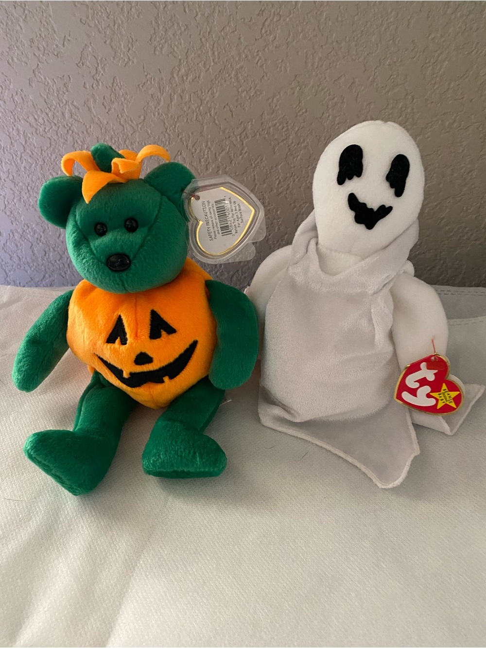 TY Halloween Lot Of 2 Beanie Babies Sheets The Ghost Tricky Pumpkin Plush